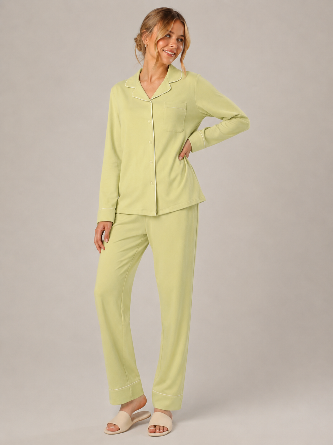 Lime Green Cotton Button-Front Pajama Set #color_Lime Green