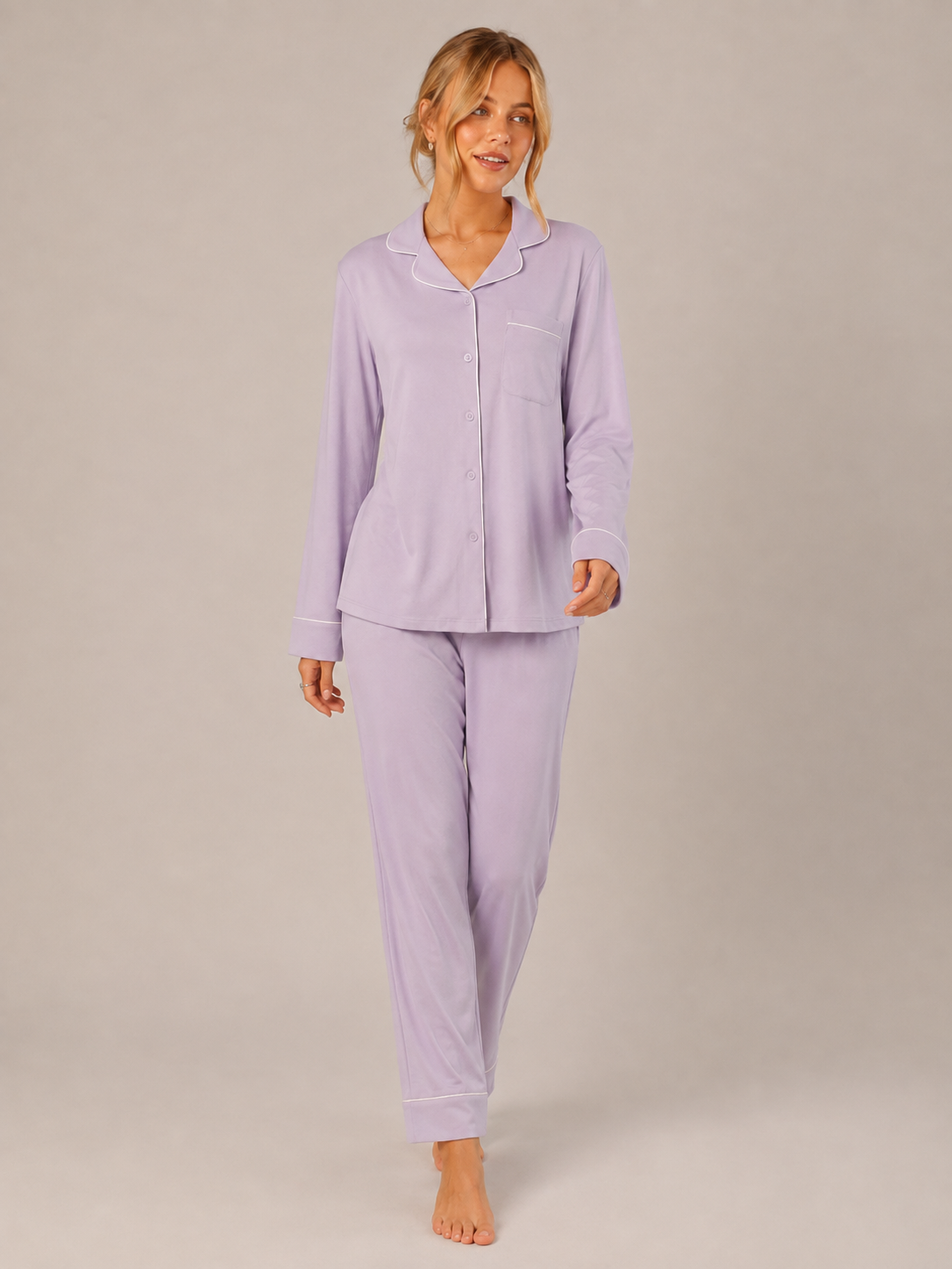 Lavender Cotton Button-Front Pajama Set #color_Lavender