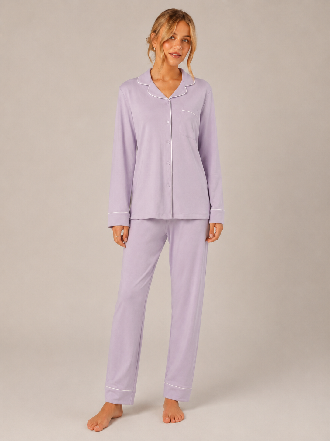 Lavender Cotton Button-Front Pajama Set #color_Lavender