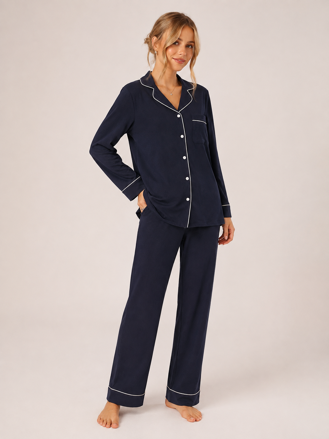Navy Blue Cotton Button-Front Pajama Set #color_Navy Blue