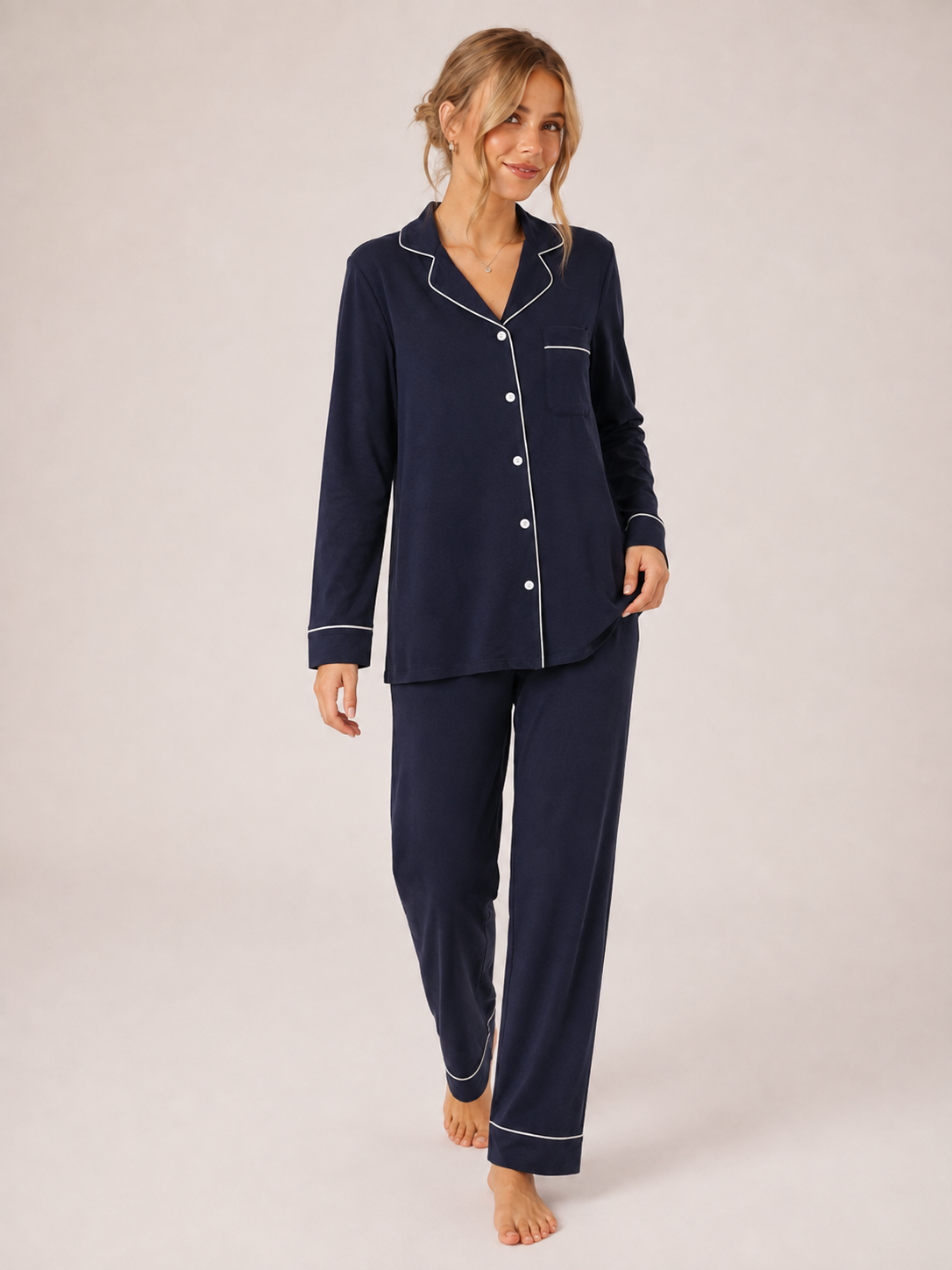Navy Blue Cotton Button-Front Pajama Set #color_Navy Blue