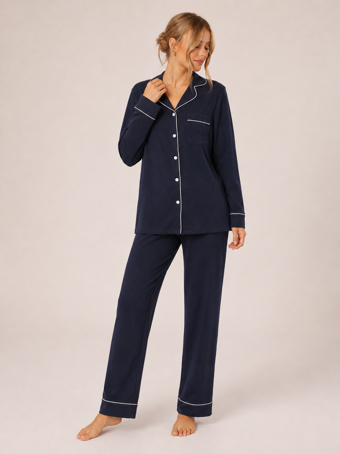 Navy Blue Cotton Button-Front Pajama Set #color_Navy Blue