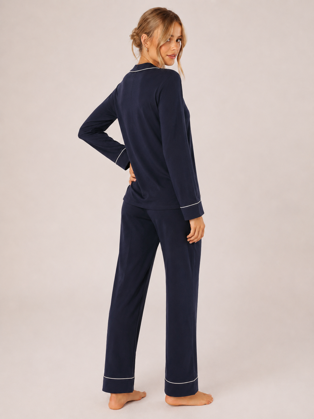 Navy Blue Cotton Button-Front Pajama Set #color_Navy Blue