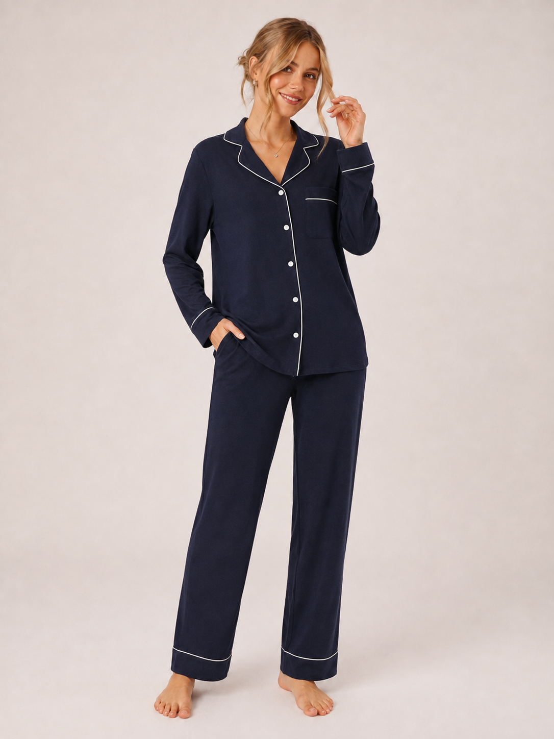 Navy Blue Cotton Button-Front Pajama Set #color_Navy Blue