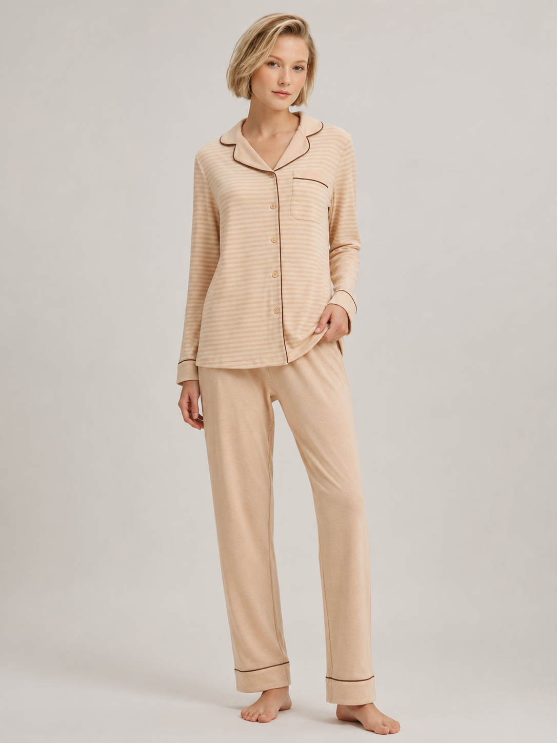 Coffee Stripe Cotton Button-Front Pajama Set #color_Coffee Stripe