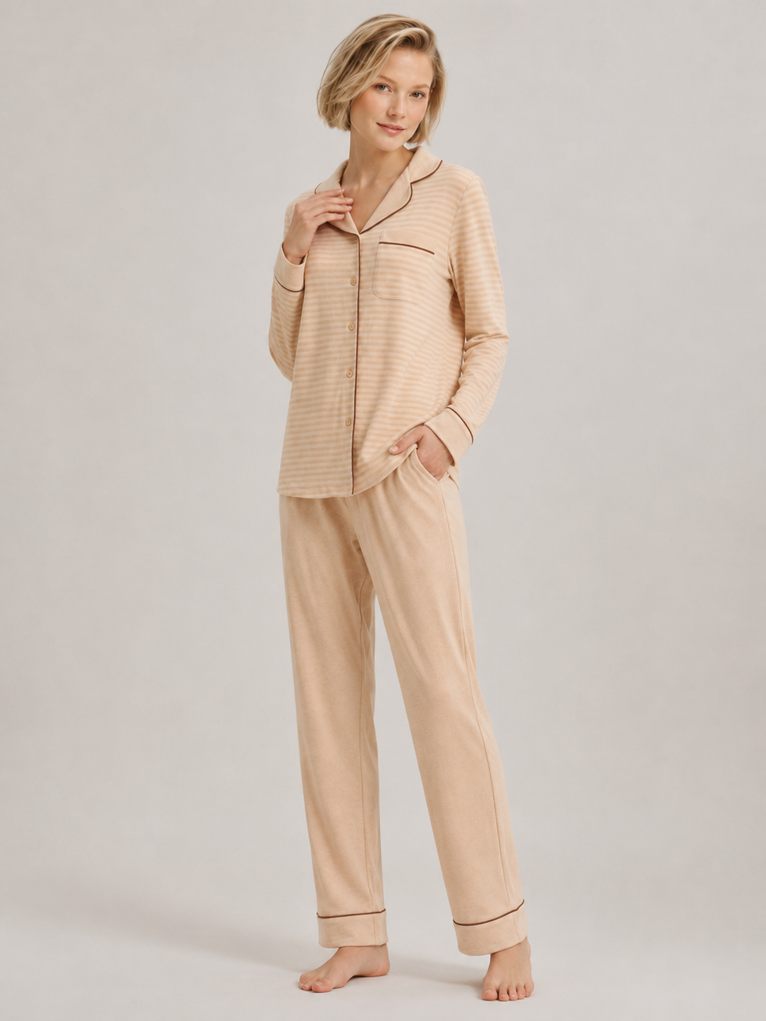 Coffee Stripe Cotton Button-Front Pajama Set #color_Coffee Stripe