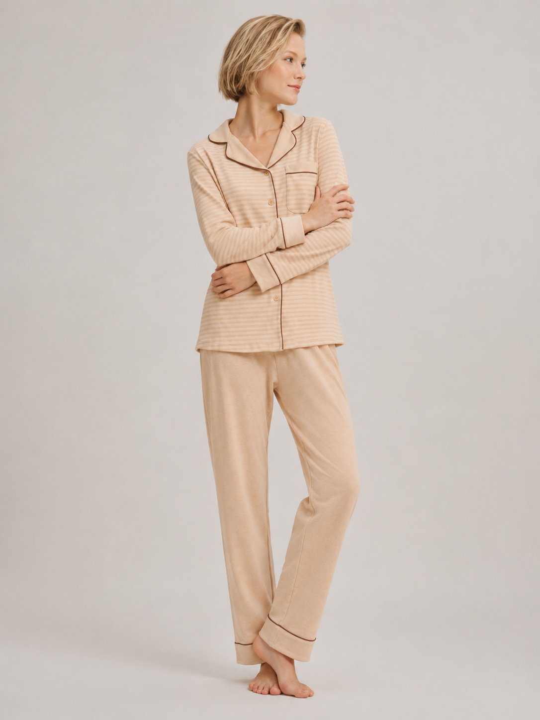 Coffee Stripe Cotton Button-Front Pajama Set #color_Coffee Stripe