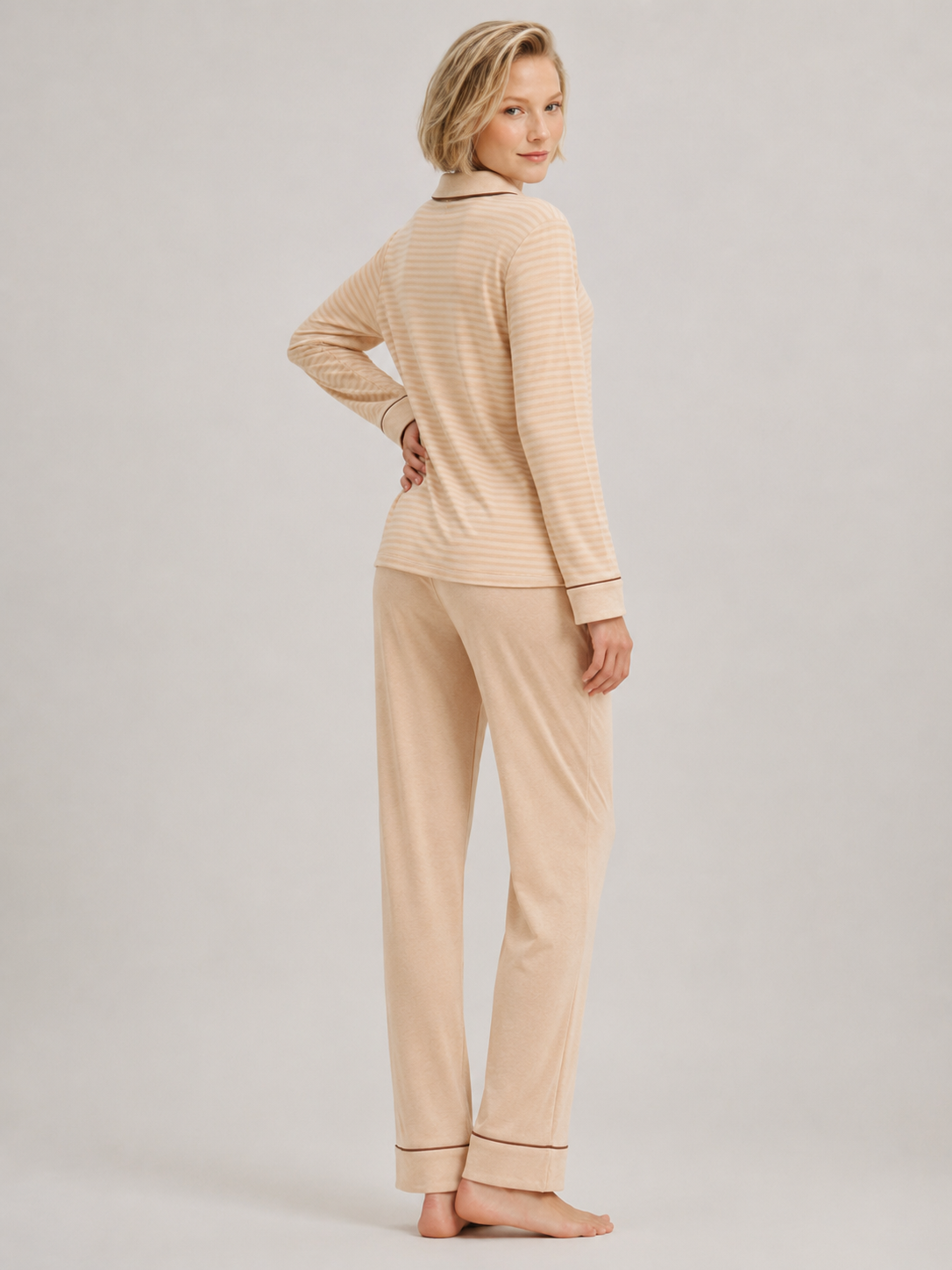 Coffee Stripe Cotton Button-Front Pajama Set #color_Coffee Stripe