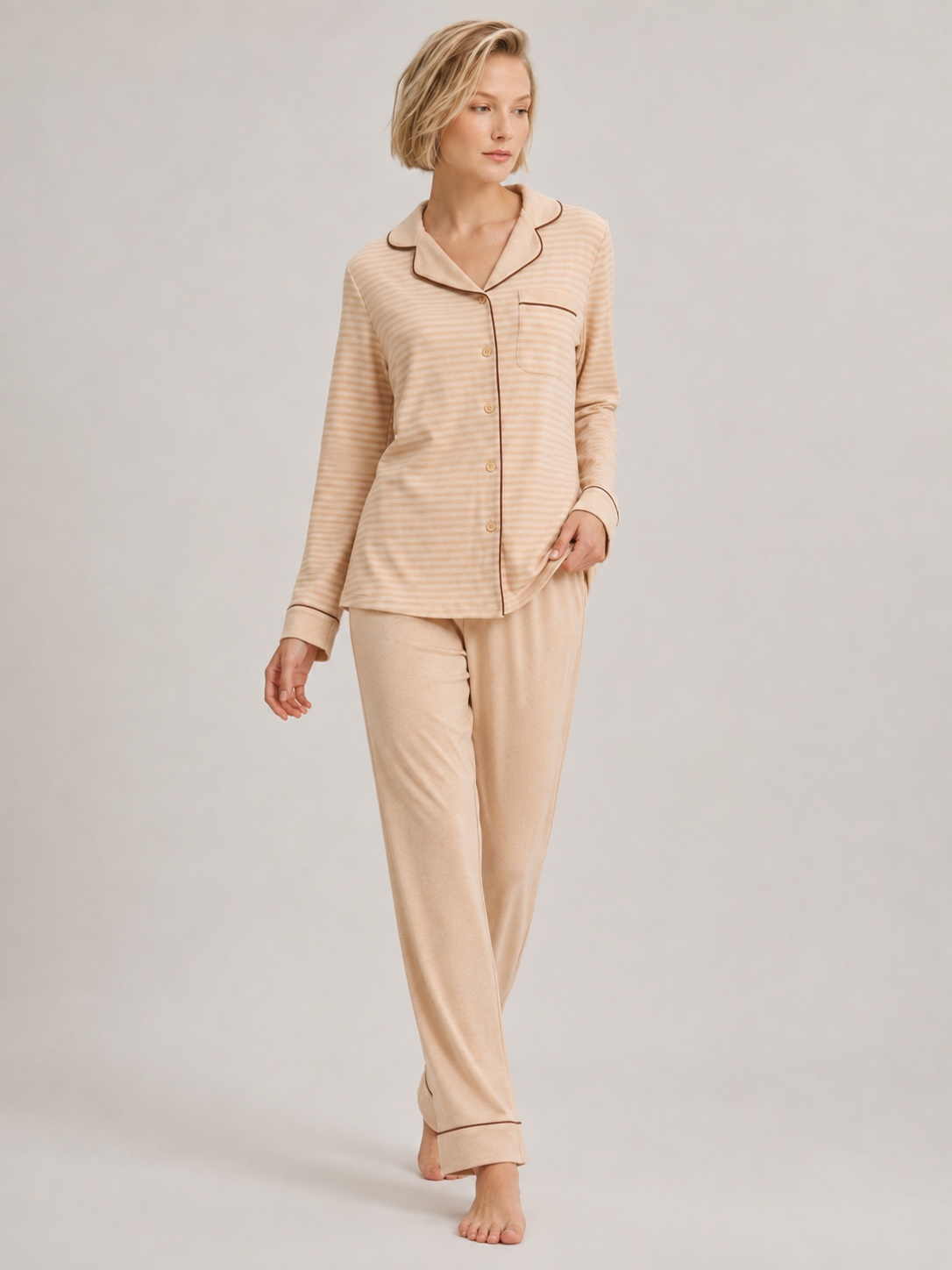 Coffee Stripe Cotton Button-Front Pajama Set #color_Coffee Stripe