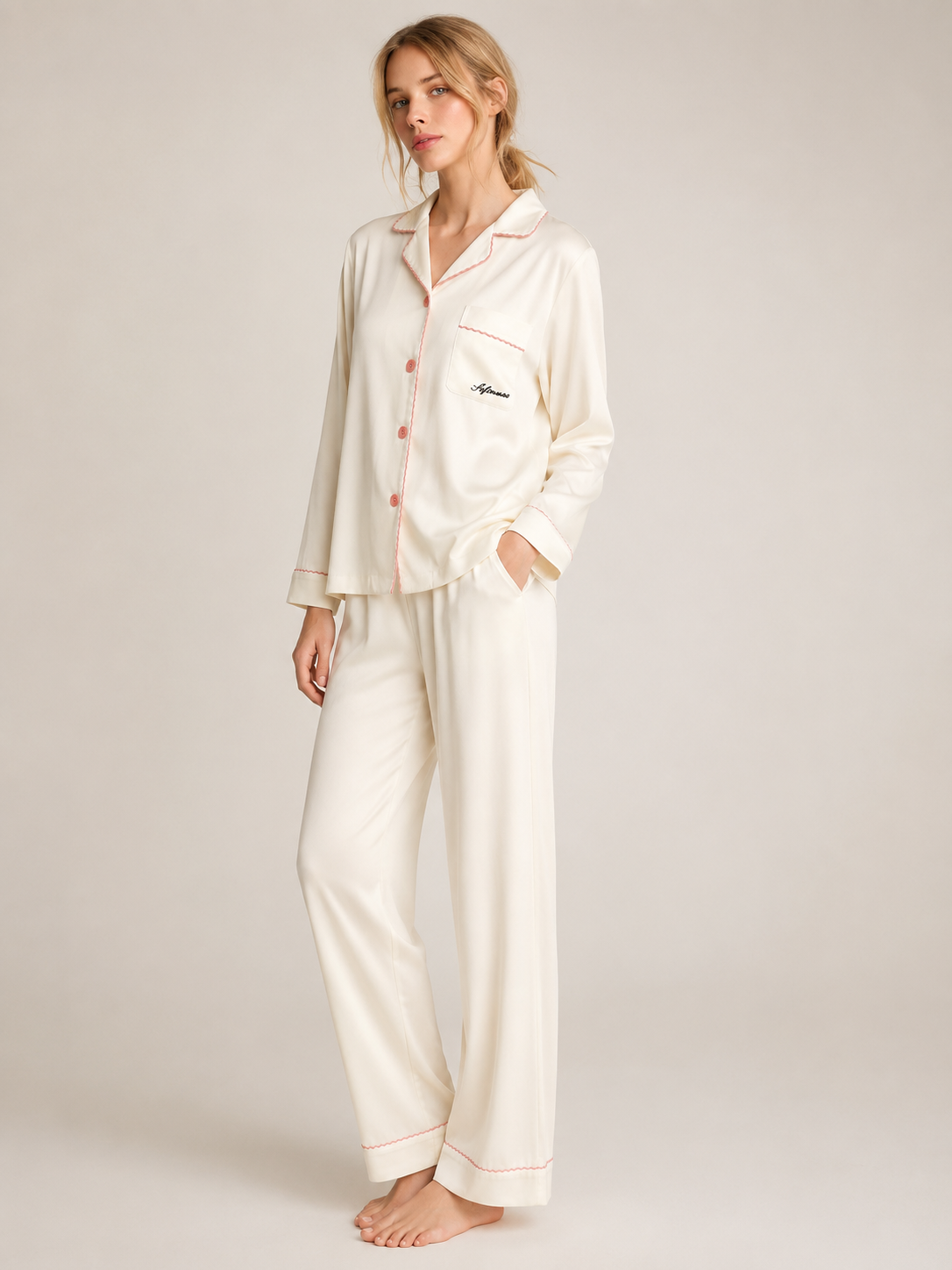 Pearl White Modal Piped Pajama Set #color_Pearl White