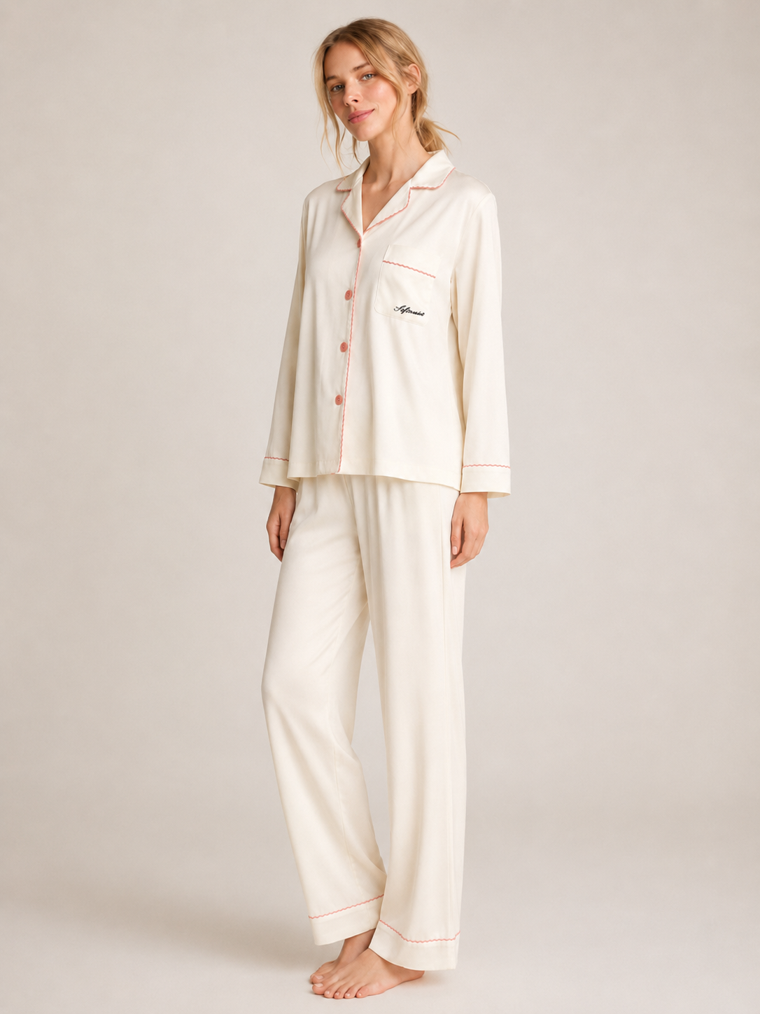 Pearl White Modal Piped Pajama Set #color_Pearl White