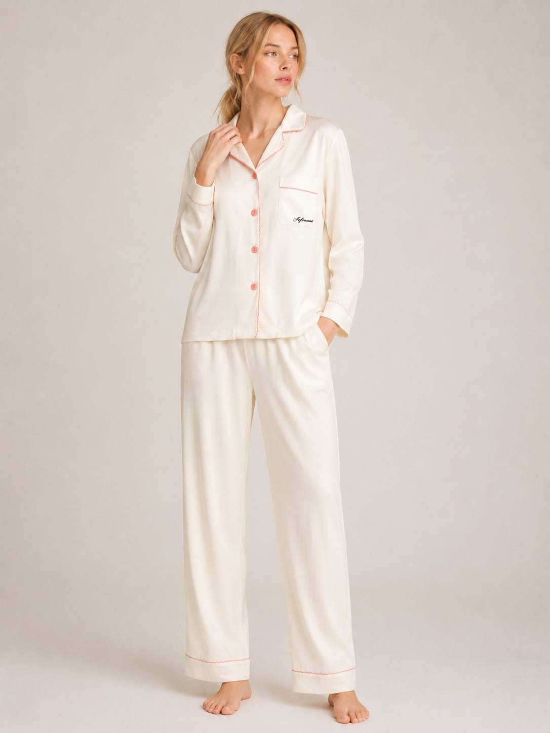 Pearl White Modal Piped Pajama Set #color_Pearl White