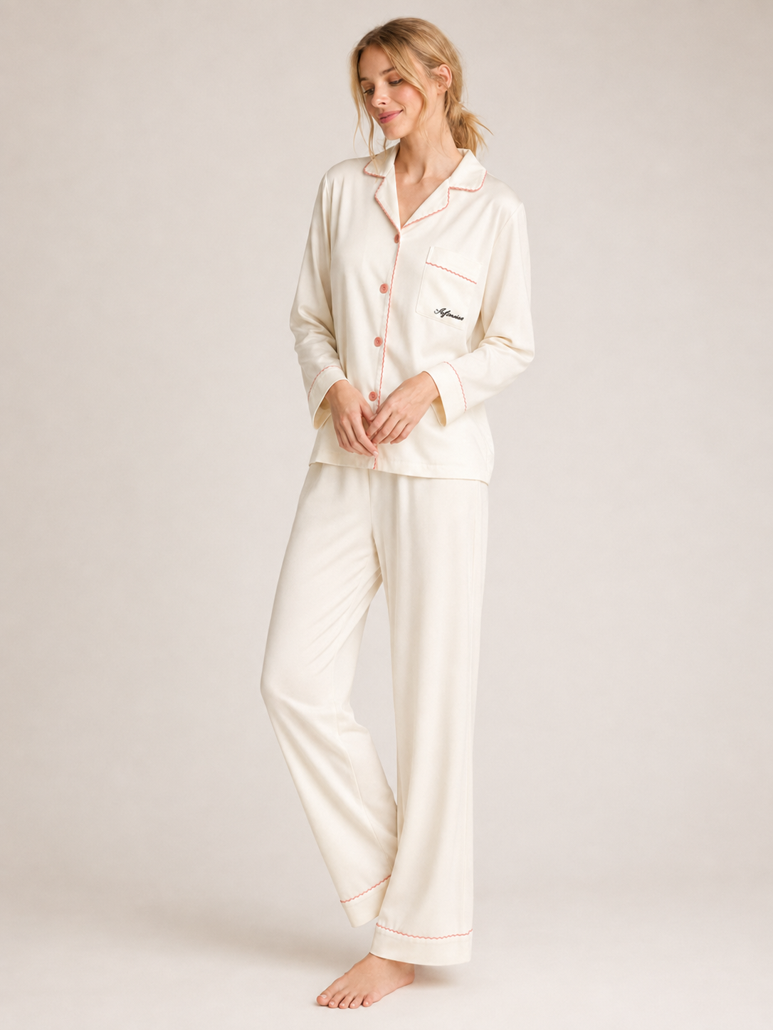 Pearl White Modal Piped Pajama Set #color_Pearl White